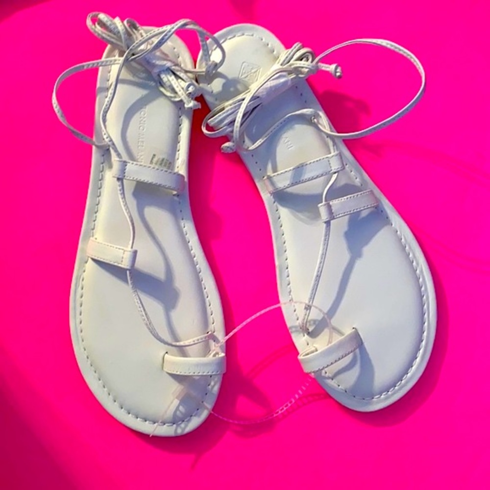 ANTONIO MELANI WHITE LEATHER LACE UP SANDALS, SIZE 8.5, CUSHIONED INSOLE (NEW)
